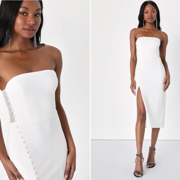 LULUS Bridal Bachelorette Engagement Bridal Shower Sexy Strapless Midi Dress - Picture 4 of 6